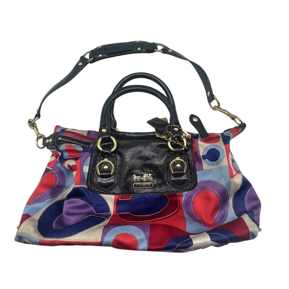 Coach Op Art Multicolor Satin Satchel Shoulder Bag Patent Leather Trim 13232